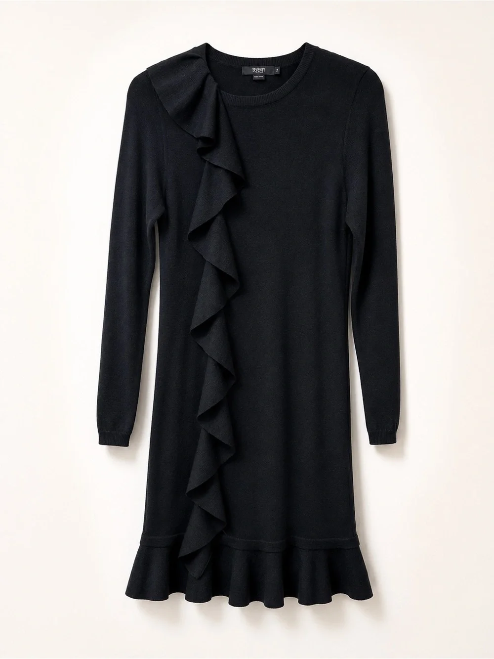Seventy Sergio Tegon Black Ruffle Knit Midi Dress Made in Italy Size 44/US 8 - Picture 2 of 9